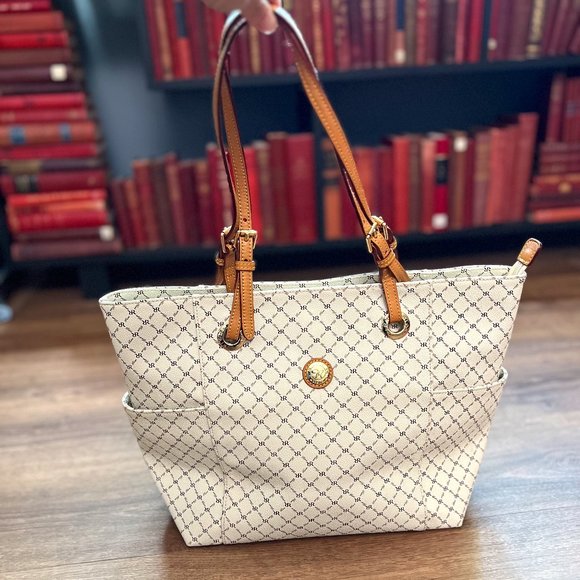 Rioni Handbags - Rioni Moda Italia Large Ivory Canvas Leather Monogram Shoulder Tote